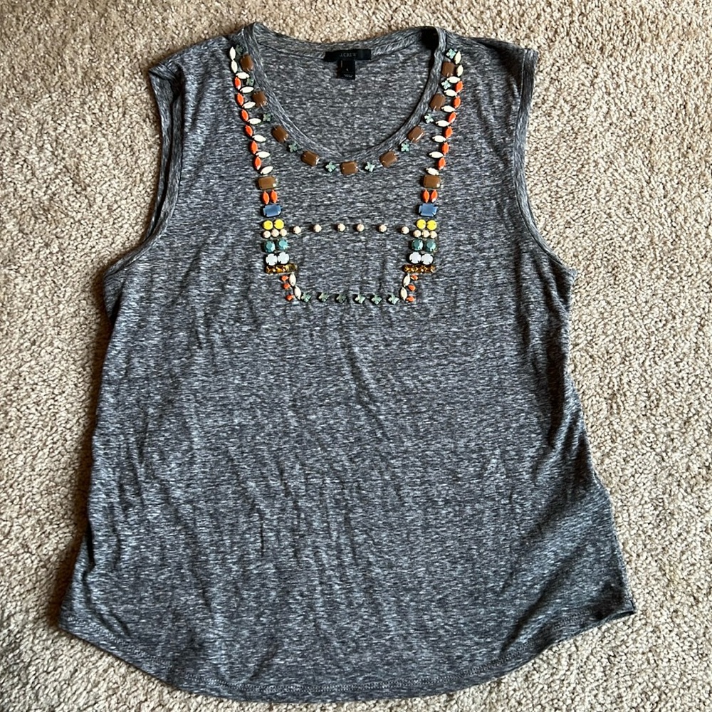 J crew gray rhinestone jeweled sleeveless top tank free neck size large